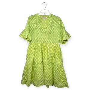 BANJANAN V-Neck Tunic Dress Ruffle Sleeve Yellow Green Print Small